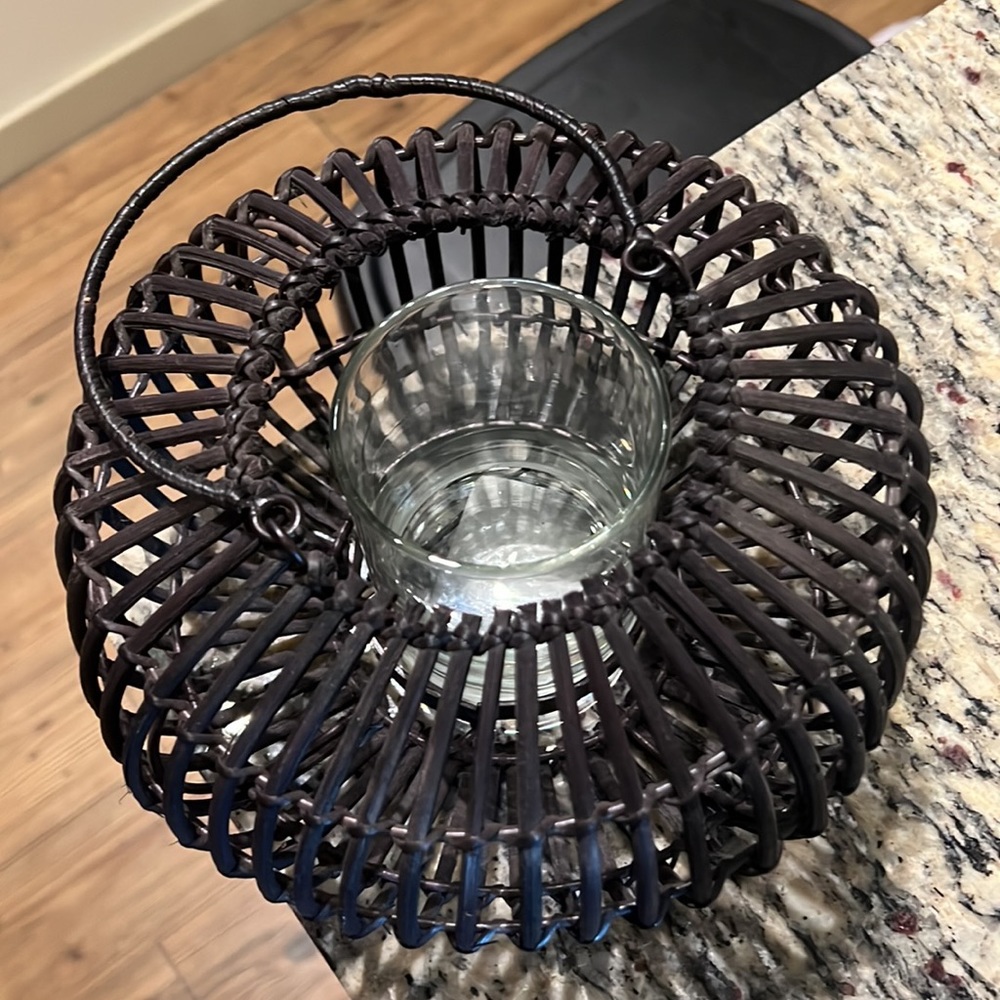 Black Wooden Circular Candle Holder with Glass Holder & Handle